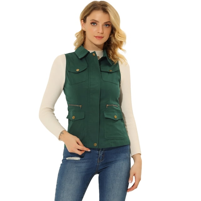 Chaqueta con Cremallera Allegra K Anorak Utility Chaleco Mujer Verde Oscuro XS