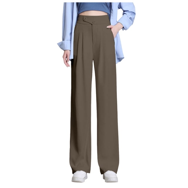 Pantalones anchos de color liso para mujer - Pantalones de traje de cintura alta con cintura elástica - Mezcla de poliéster y spandex, dos bolsillos, ideales para la oficina y para looks informales