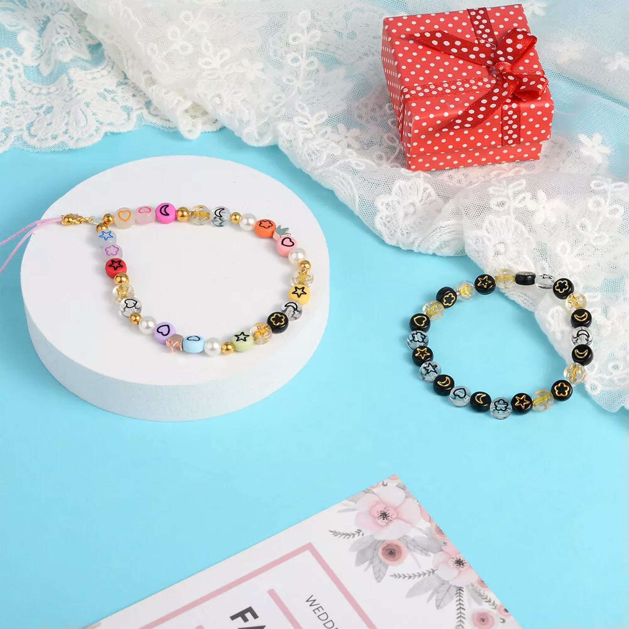 U8MO 940pc 7mm Flat Round with Moon Heart Flower Star Acrylic Pony Disc Spacer Beads