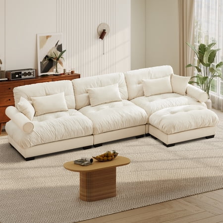 FFH 130 Oversized Cloud Sofa Sectional Couches with Ottoman Modern 3 Seater L Shaped Sofa for Living Room (Velvet Beige 3 Seater with 1 Ottoman)