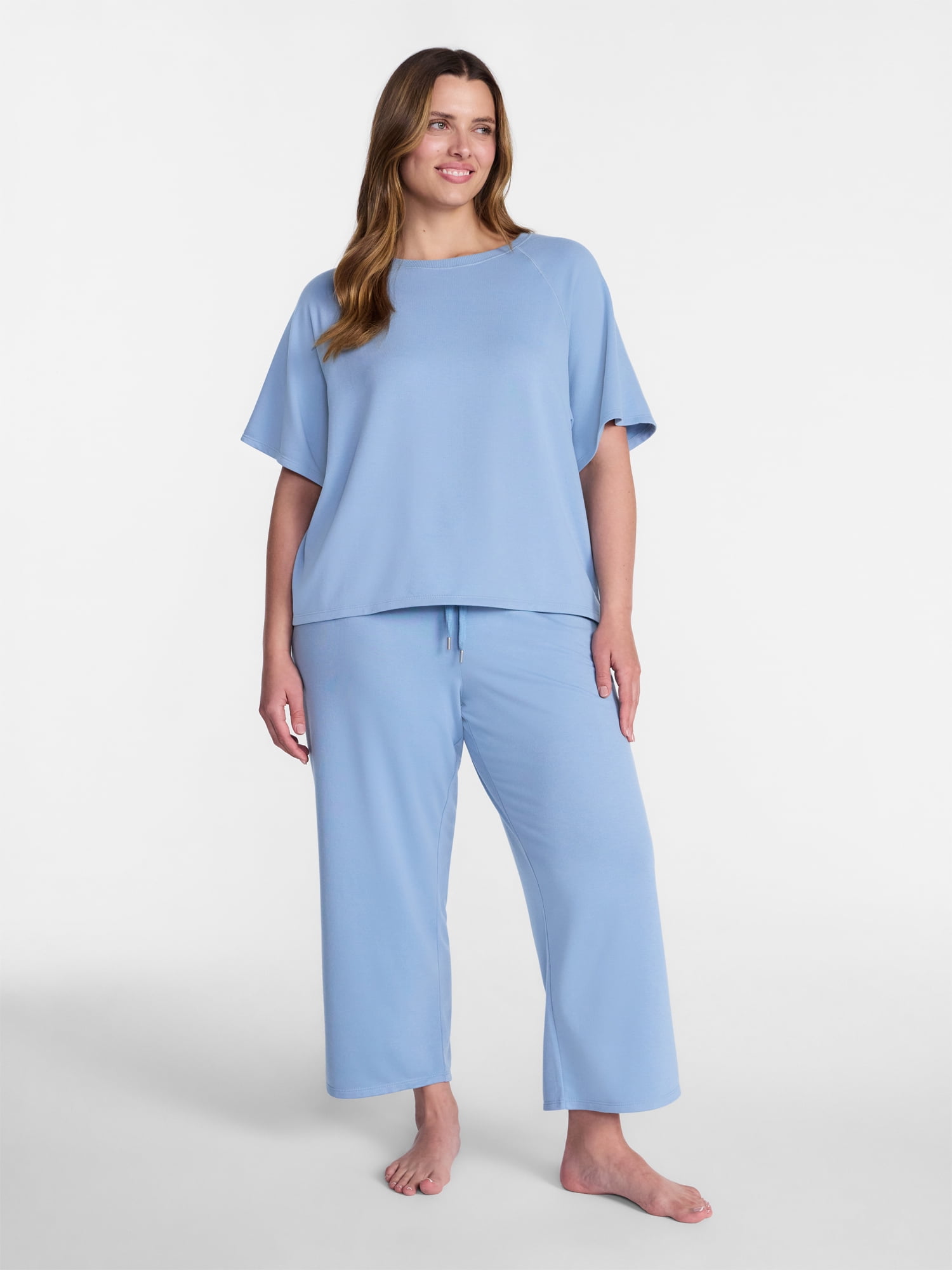 Joyspun Women's French Terry Lounge Sleep Short Sleeve Top and Capri Pants Set, 2 Piece, Sizes XS-3X
