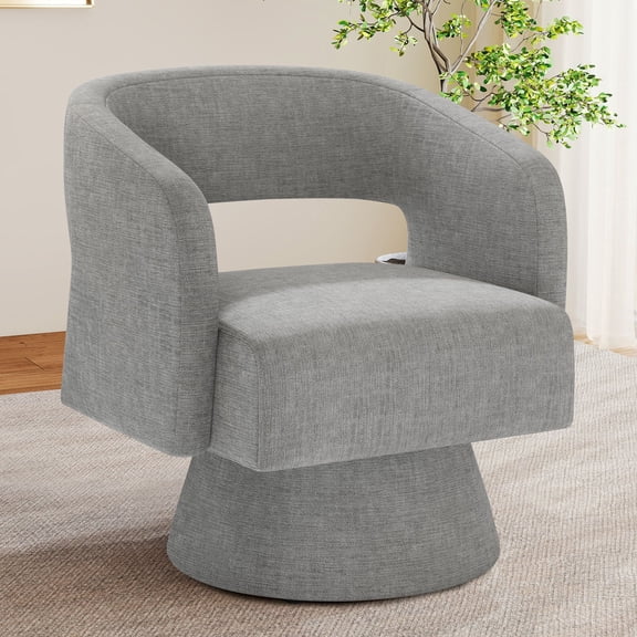 Swivel Accent Chair, 360 Degree Swivel Linen Upholstered Open‑Back Barrel Armchair, Single Reading Sofa Chair for Living Room Bedroom Office, Gray