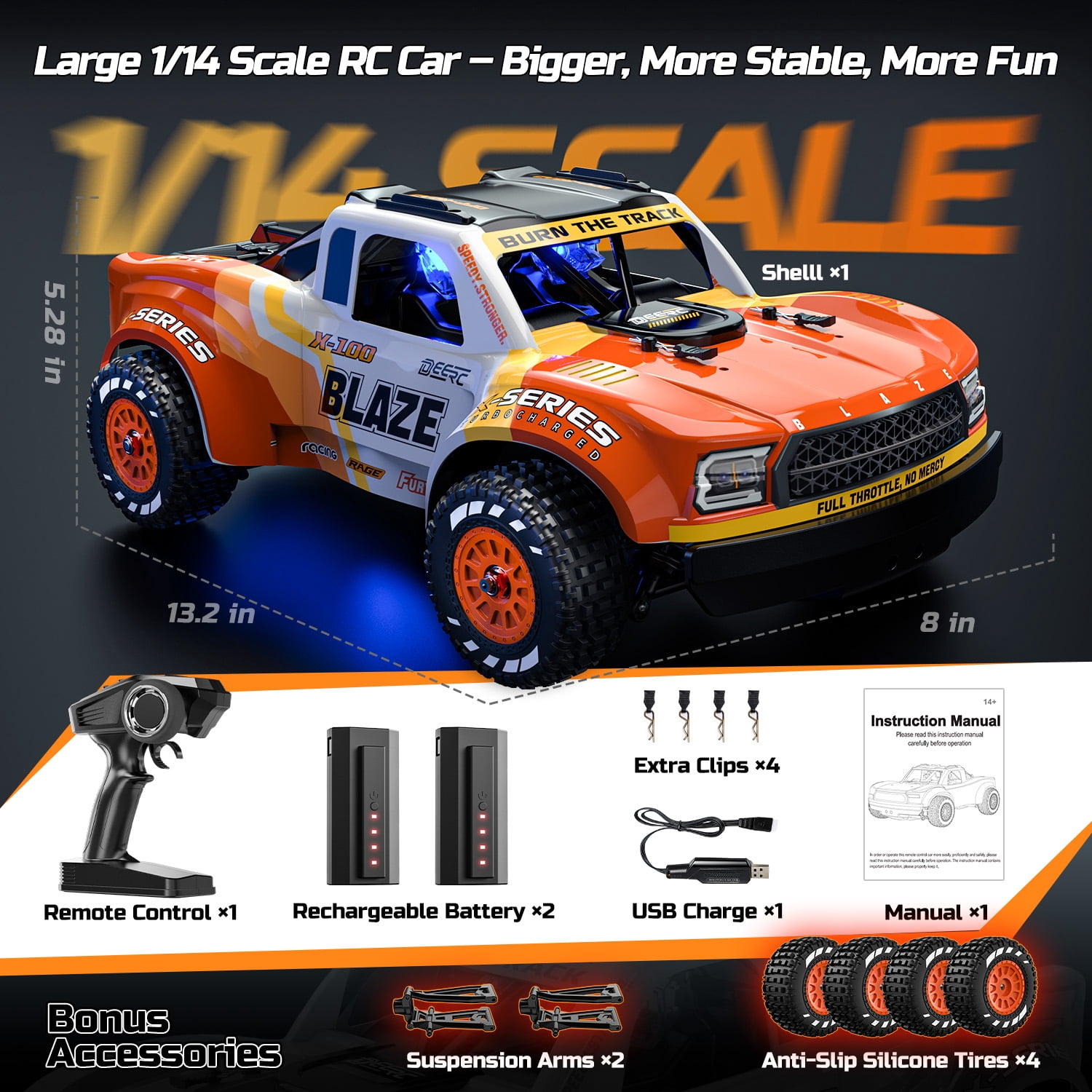 DEERC 1/14 Fast Brushless RC Car for Adults, Max 46+ mph Off-Road Truck, 4WD Waterproof RC, High Speed Remote Control Car, 2 * 3S Lipo, All Terrain RC Truggy for Snow, Sand & Mud