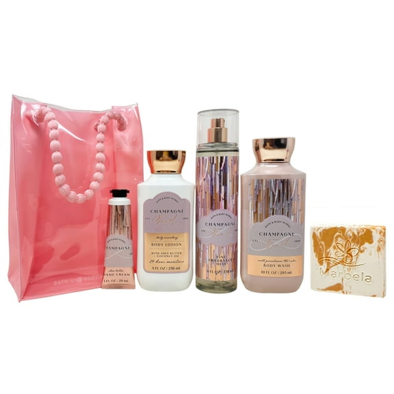 Bath & Body Works Champagne Toast Gift Bag Set - Fragrance Mist, Body Wash, Body Lotion and Hand Cream - with a Peach Gardenia Sample Soap