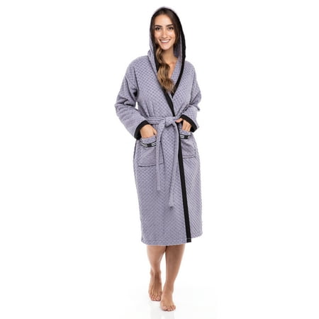 

Women’s Waffle Weave Robe Ladies Hooded Bathrobe 100% Terry Cotton Spa Robes Gray XXL