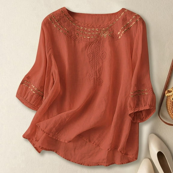CUZIBR Womens Shirts Three Quarter Sleeve Casual Fashionable Floral Lace Embroidered Linen Blouse Round Neck Loose Fit Summer Breathable Vintage Vacation Boho Dressy Tops,Orange,L
