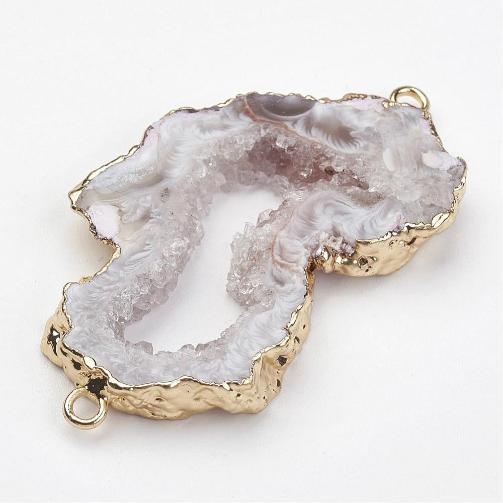 Natural Geode Agate Links connectors with Brass Findings Nuggets Golden 26~54x14.5~30x4~5.5mm Hole: 2mm