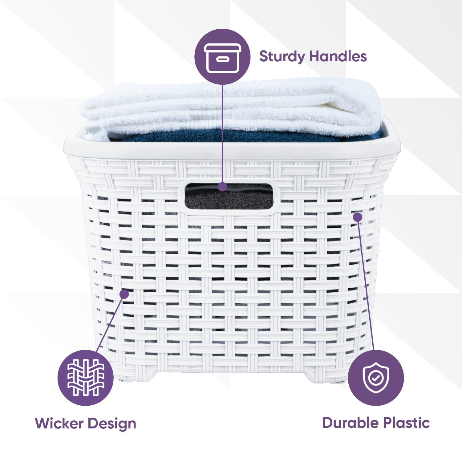 Superio Laundry Basket, Laundry Hamper, 50-liter wicker style basket with cutout handles, to storage dirty clothes, in washroom, or bedroom, white.