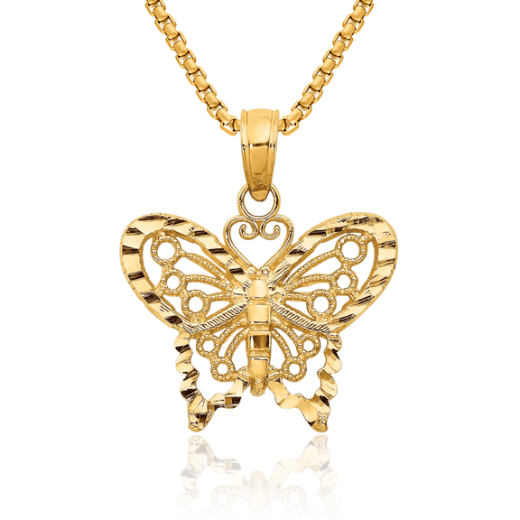 10K Solid Yellow Gold Butterfly Wings Necklace Chain Pendant Charm