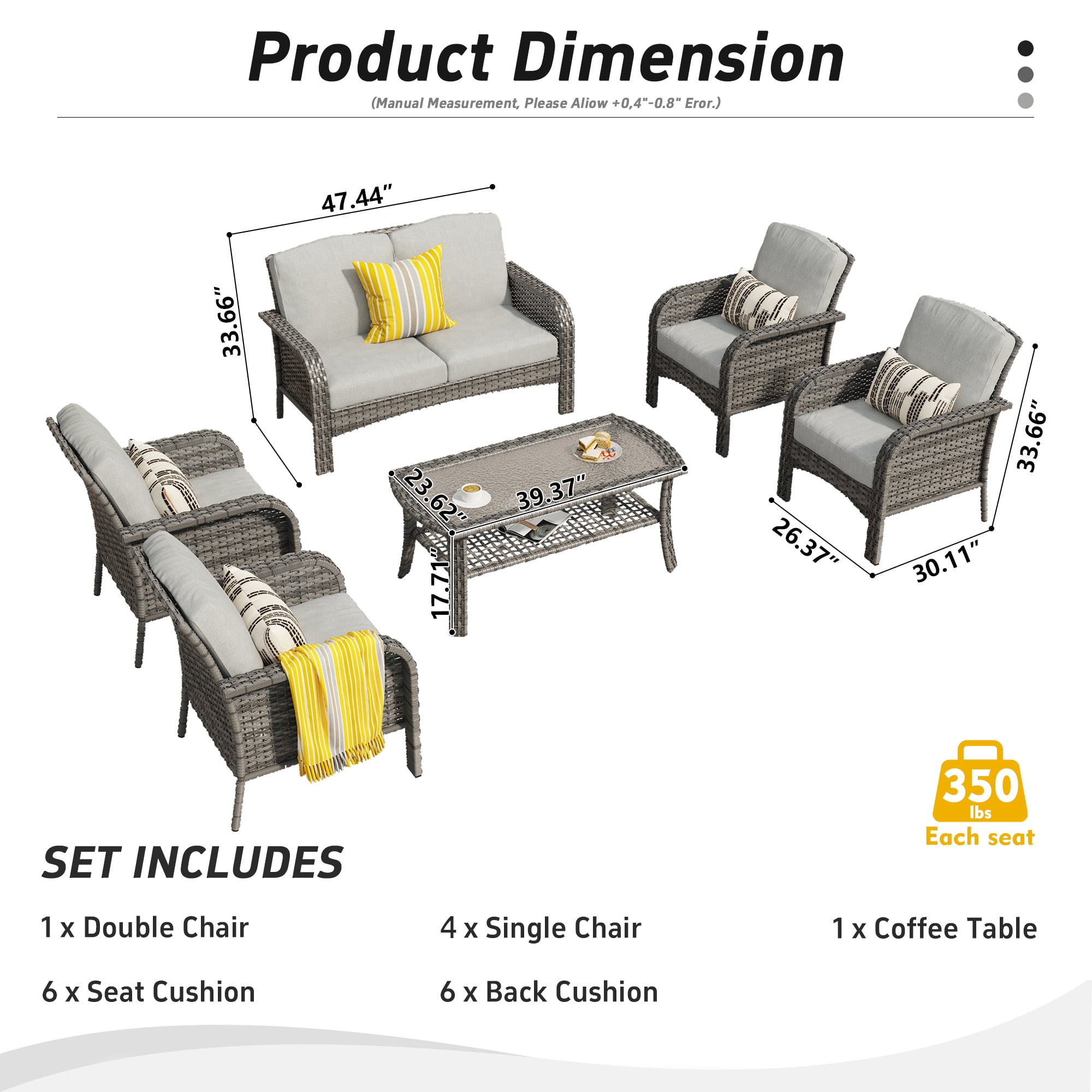 Toject 6 Pieces Patio Furniture Set, Wicker Outside Furniture with Loveseat Table Chairs Set for Porch, All-Weather High Back Outdoor Conversation Set for Backyard, Dark Gray