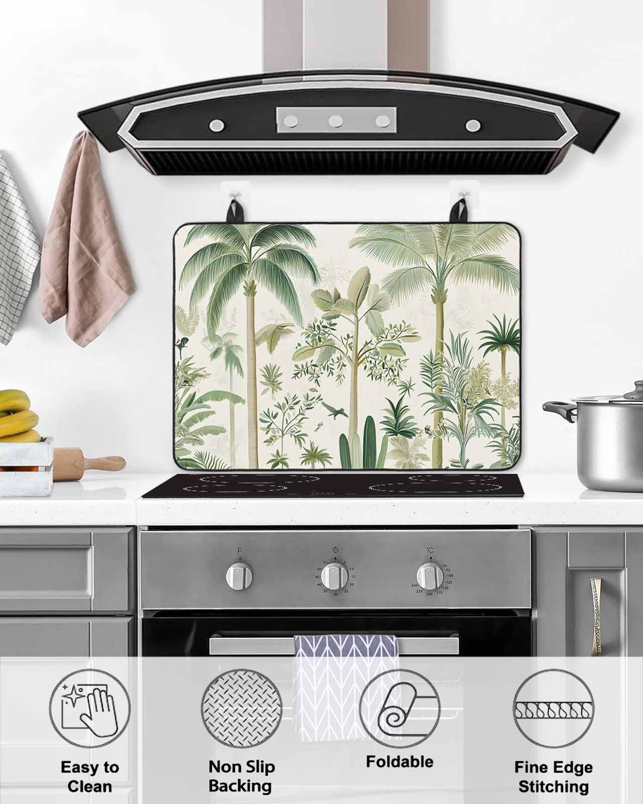 nqOlkjepod Large Induction Cooktop Protector Mat 28.5"x20.5", Green Palm Tree Stove Top Covers for Electric Stove, Summer Beach Cactus Decorative Stove Burner Cover Mats, Glass Top Stove Cover