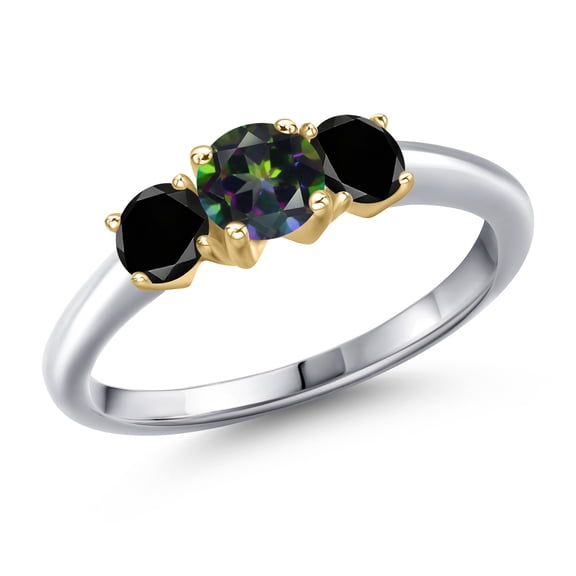 Gem Stone King 10K Two Tone Gold Green Mystic Topaz and Black Diamond Engagement Ring for Women | 1.09 Cttw | Round 5MM | Gemstone November Birthstone | Size 7