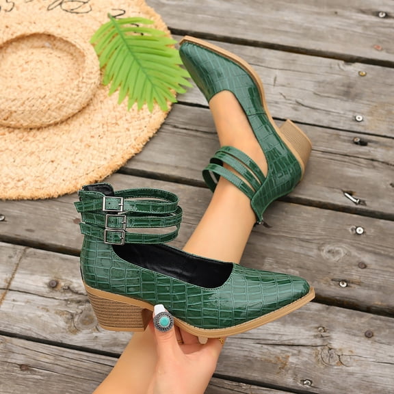 GERsome Women's Low Block Heels Closed Pointy Toe Ankle Buckle Chunky Heels Pumps Casual Wedding Dress Shoes, Green Size 7