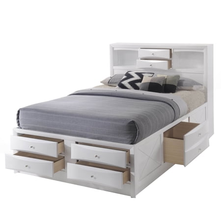 Eight Drawer Full Size Storage Bed with Bookcase Headboard  White- Saltoro Sherpi