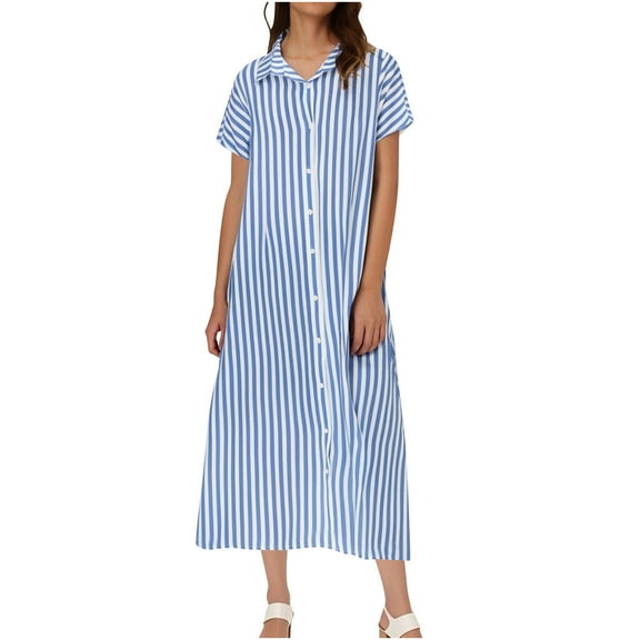 THDHVS Dresses for Women,Women's Dresses,Women's Summer Striped Print Button's Breasted Lapel Short Sleeve Dress Long Maxi Dress Blue M