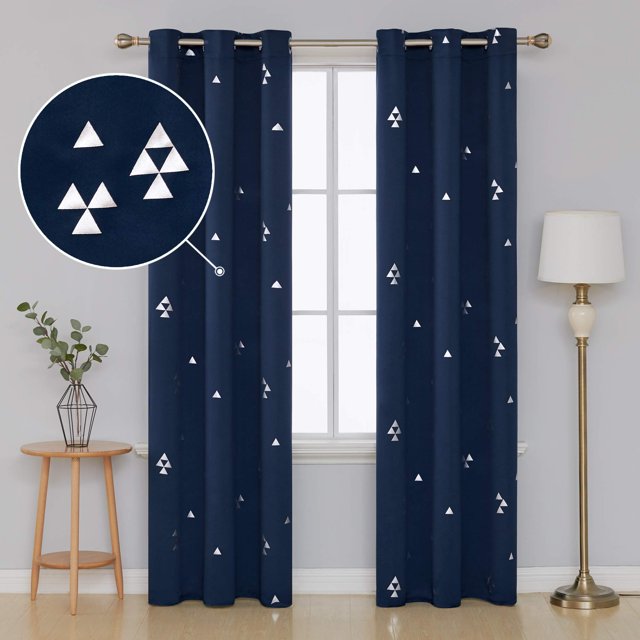Cortinas opacas Deconovo con ojales en la parte superior, con estampado triangular y aislamiento térmico, azul marino, 96 cm de ancho x 213 cm de largo