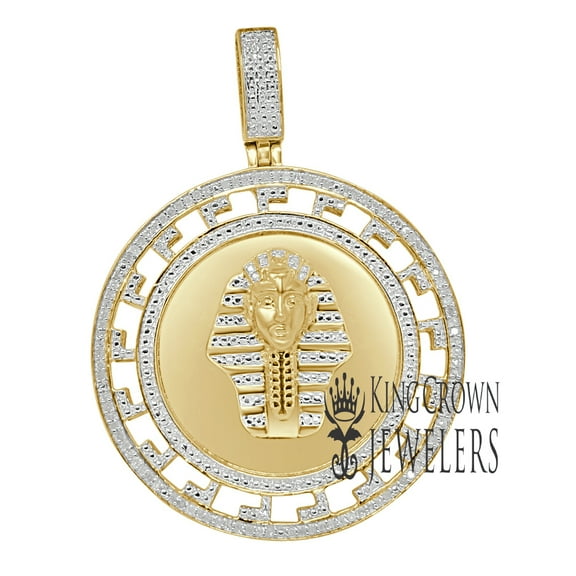 Real Diamonds Greek Style Egyptian Pharaoh King Tut Round Pendent 10K Gold Tone Charm Medallion