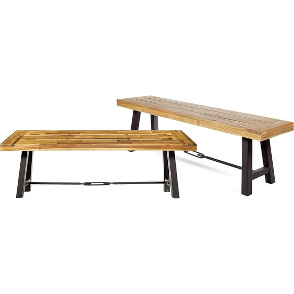 Outdoor Bench Garden Wood Bench 、Patio Dining Bench Weatherproof, Wooden Park Front Porch Benches for Outside, Backless Acacia Wood Bench Long Narrow Clearance, Teak
