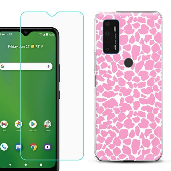 Shockproof Bumper Phone Case for AT&T Radiant Max 5G / Fusion 5G, with Tempered Glass Screen Protector, by OneToughShield ® - Giraffe/Pink