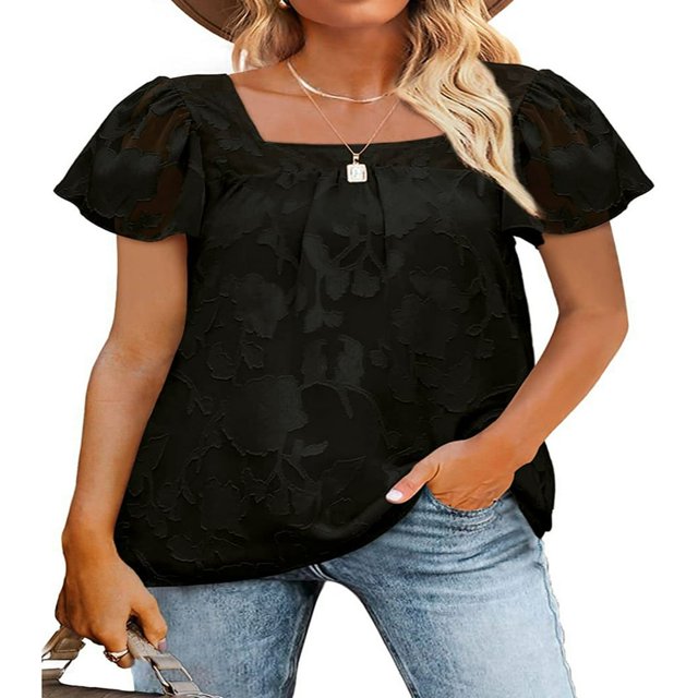T-shirt pour Femmes à Encolure Carrée, Manches Courtes, Jacquard, Coupe Ample, Hauts d'Été