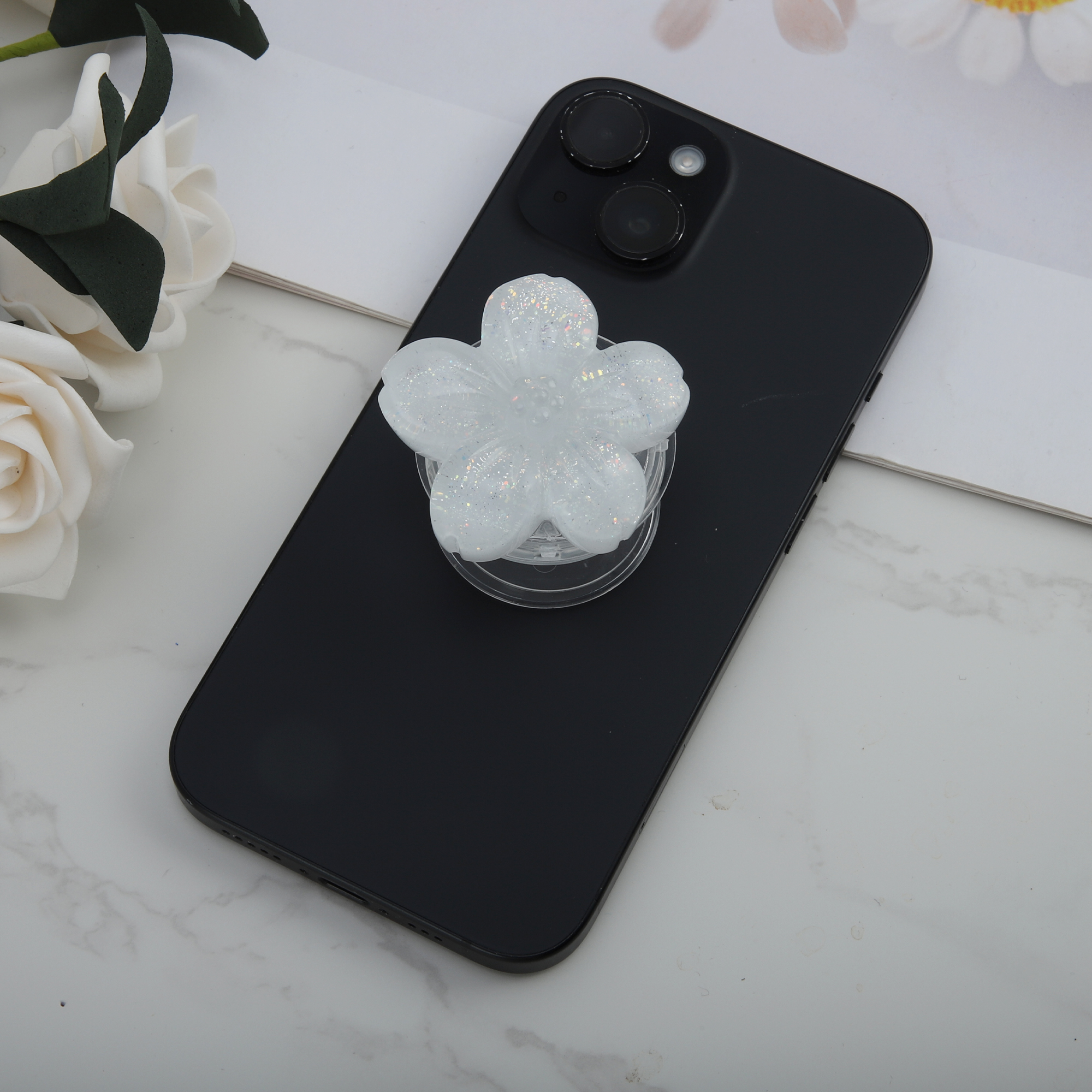 Unique Bargains Flower Morandi Glitter Phone Grip 1 Pc White