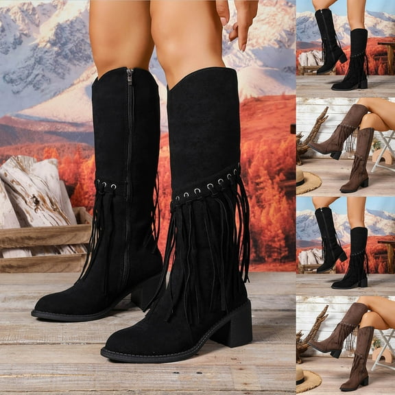 Juebong Fringe Suede Knee High Boots for Women Tassel Chunky Block Low Heel Warm Winter Mid Calf Boots Brown,39