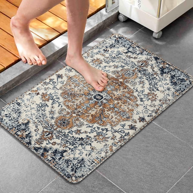 Boho Style Bathroom Rugs Farmhouse Bohemia Bath Mat with NonSlip Water Absorbent Bath Rug; Soft Microfiber Floor Mats for Bathroom Tub and Shower Room in Blue