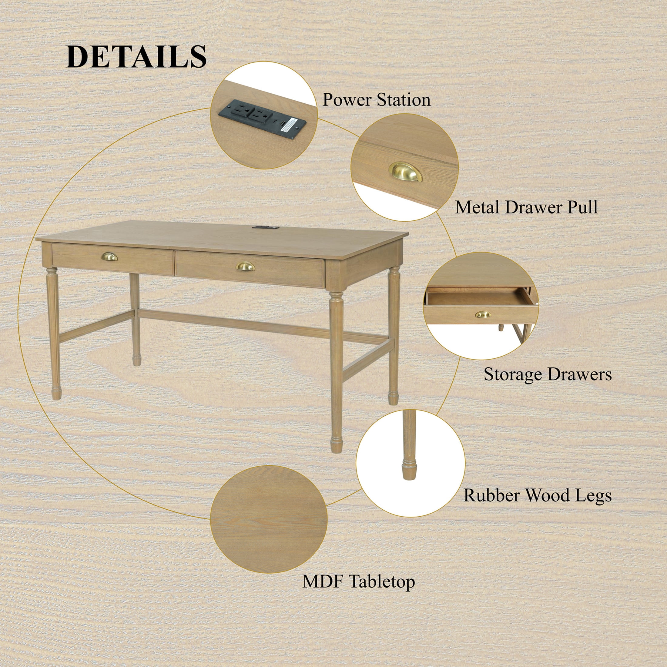 Christopher Knight Home 60" Modern Wooden Home Office Writing Desk with Drawers and USB Ports, Natural