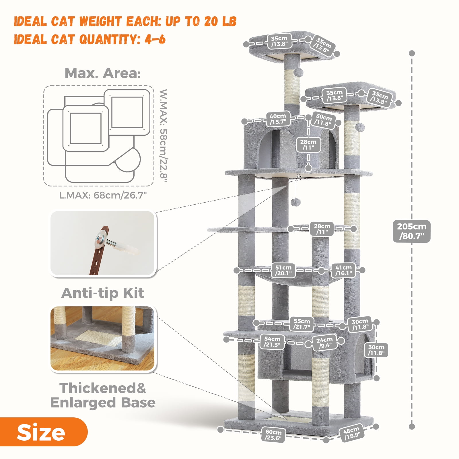 Pefilos 81" Tall Cat Tree for Large Cats, Heavy Duty Cat Tower with 2 Perches, 2 Condos and Spacious Hammock, Large Condo with 7 Scratching Posts, Gray