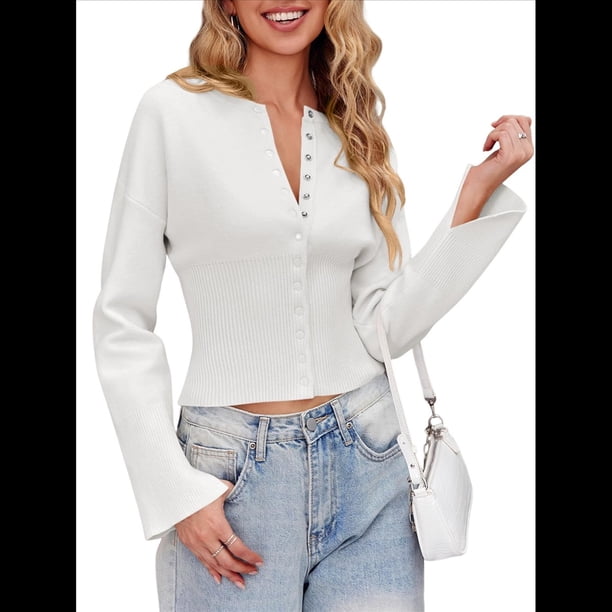 Suéteres Cortos para Mujer, con Botones, Larga, Cuello en V, Punto Acanalado, Corte Ajustado, Tops Cortos M