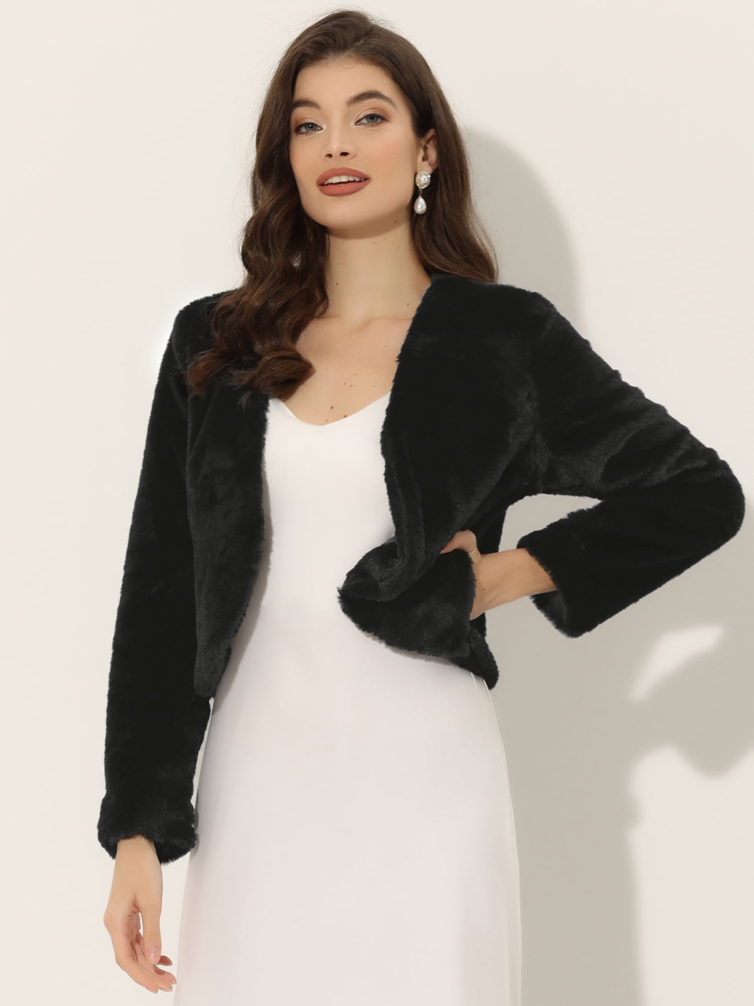 DARING DIVA Women's Faux Fur Cropped Open Front Jacket Bolero Coat M Black