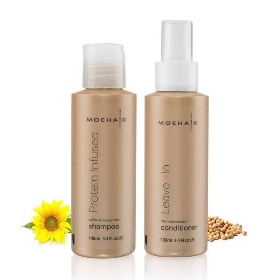 Moehair Combo Pack of Protein Infused shampoo (3.4 Fl Oz) and Leave-in conditioner (3.4 Fl Oz). Pack of 2 | Anti-Dandruff Shampoo For Men and Women | Travel Size Deep Conditioning Hair Care Set