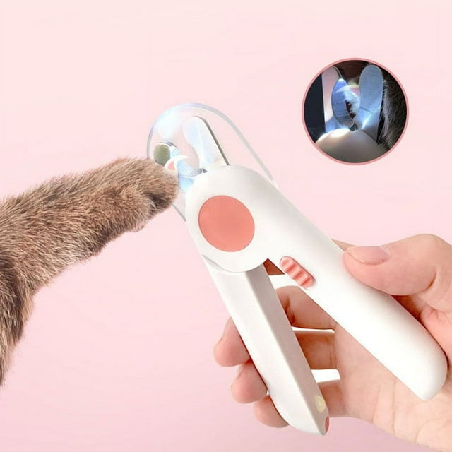 Cortaúñas para mascotas, deflector transparente seguro, cortauñas para perros pequeños y gatos con luz LED para cachorros y gatitos, color rosa
