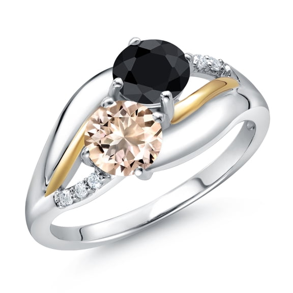 Gem Stone King 925 Sterling Silver and 10K Yellow Gold Peach Morganite Black Sapphire and Lab Grown Diamond 2 Stone Engagement Ring for Women (1.13 Cttw, Round, October Birthstone, Size 8)