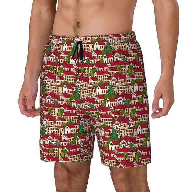 Balery Red Houses Bañador para hombre, shorts de playa de secado rápido con entrepierna y forro de compresión-3X-Large