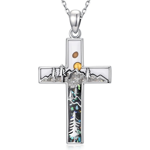 Coachuhhar Cross Necklace 925 Sterling Silver Abalone Mountain Pendant Necklaces Mustard Seeds Jewelry Hiking Xmas Christmas Gifts for Women Mom Wife Birthday
