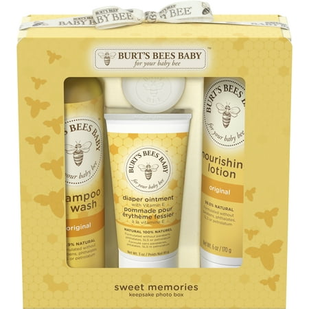 Burt's Bees Baby Sweet Memories Gift Set with Keepsake Photo Box, 4 Baby Products Shampoo & Wash, Lotion, Diaper Rash Ointment and (Best Product For Heat Rash)