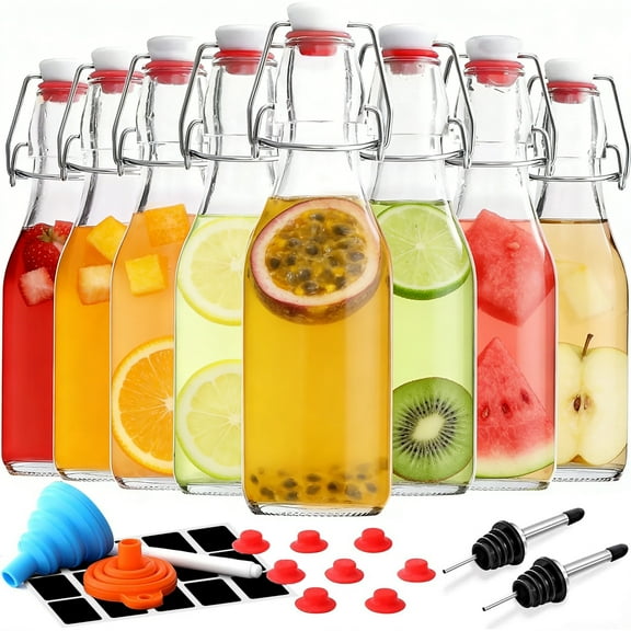 GPED 8.5 oz Swing Top Glass Bottles, 8 Pack Flip Top Beer Brewing Bottles with Airtight Rubber Seal Flip Caps for Fermentation, Kombucha, Vanilla Extract, Juice, Tea, Wine, Soda - Bonus 2 Pourers