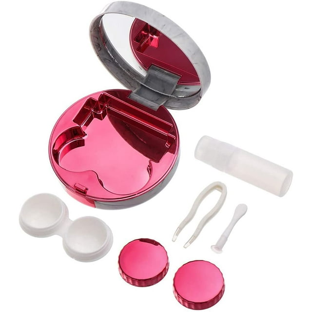 Mini Stylish Simple Contact Lens Travel Case,Container Kit Set Contacts Lens Hard Case Travel & Home Kit Mirror with Bottle with Tweezers Container Holder (Rose Red)