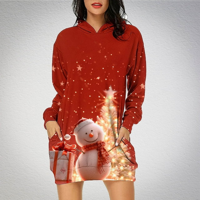 TIMIFIS Robe de Noël Moche pour Femmes, Manches Longues, Imprimé Bonhomme de Neige, Robe Chemise Décontractée Moulante avec Poche