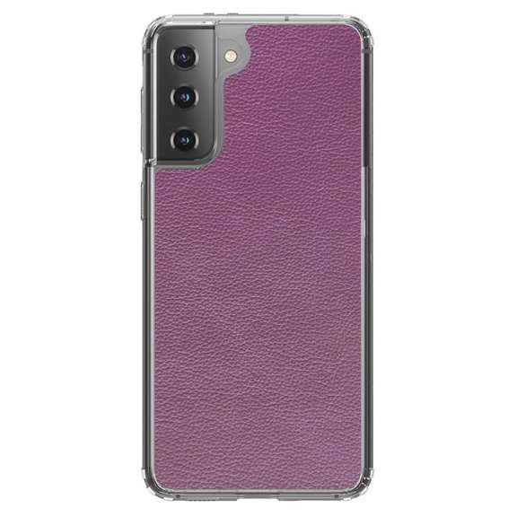 DistinctInk Clear Shockproof Hybrid Case for Galaxy S21 5G (6.2" Screen) - TPU Bumper, Acrylic Back, Tempered Glass Screen Protector - Purple Faux Leather Print Design - Faux Leather Image