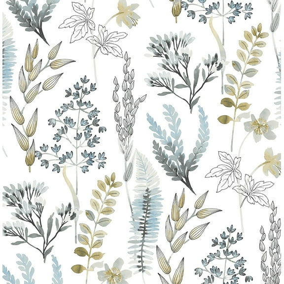 NextWall  Wild Garden Peel and Stick Wallpaper 20.5 in. W x 18 ft. L - Glacier Blue & Matte Brass