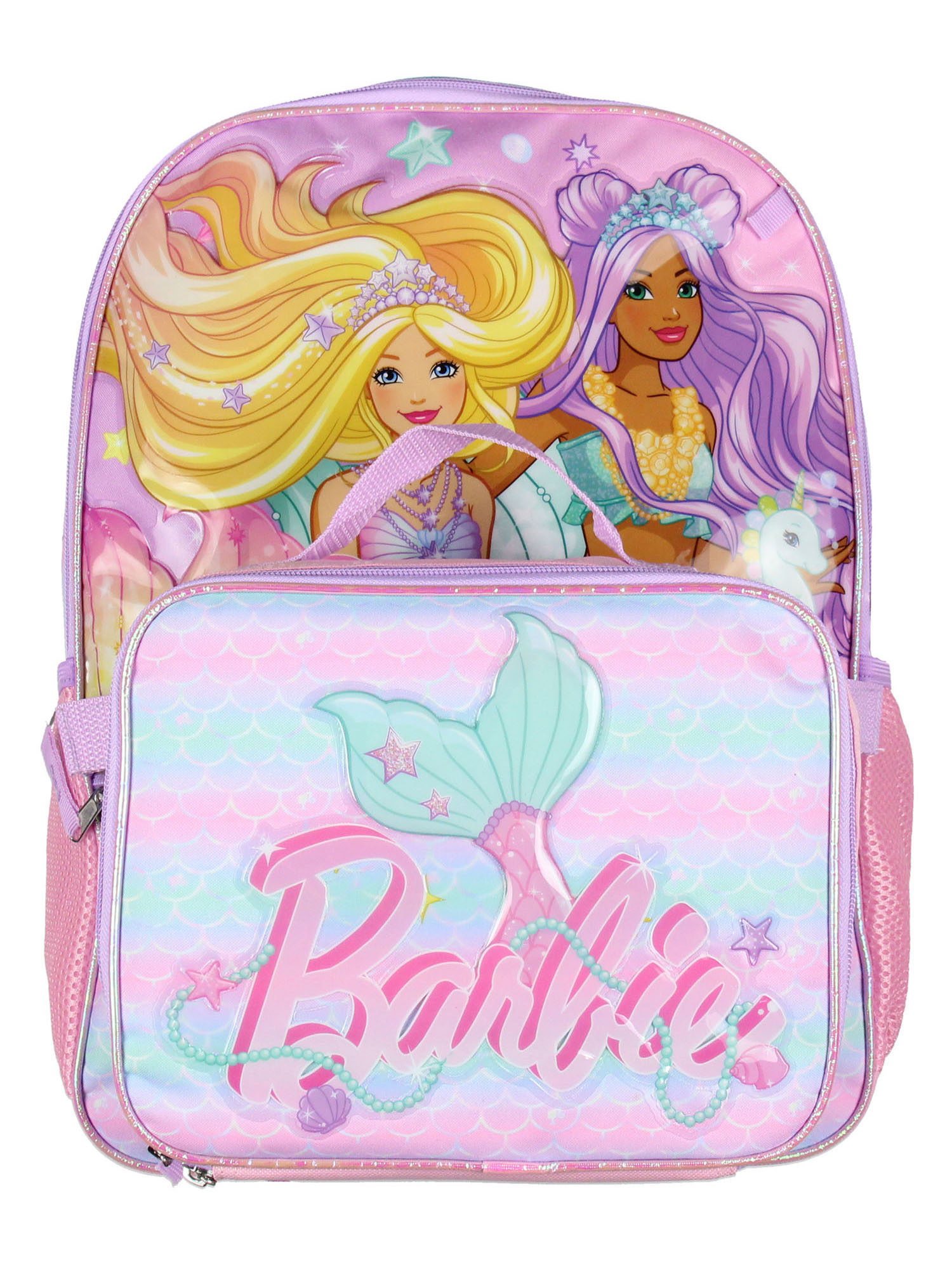Barbie Mermaids 5-Piece 16" Girls Backpack School Lunch Bag Set with Gadget Case Carabiner and Rubber Zipper Dangle