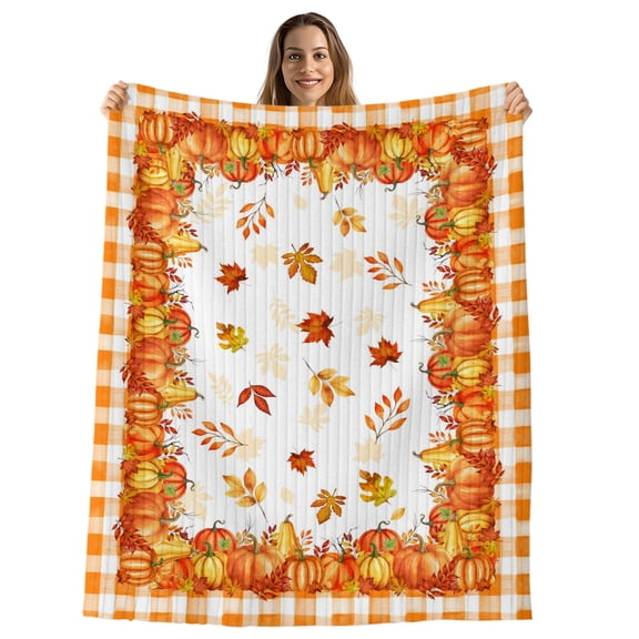 Fall Orange Pumpkin Throw Blanket, Flannel Fleece Blanket with Striped Design for Couch, Thanksgiving Maple Leaf Plaid Check Soft Breathable All Season Plush Blankets for Sofa Chair Travel 32"x48"
