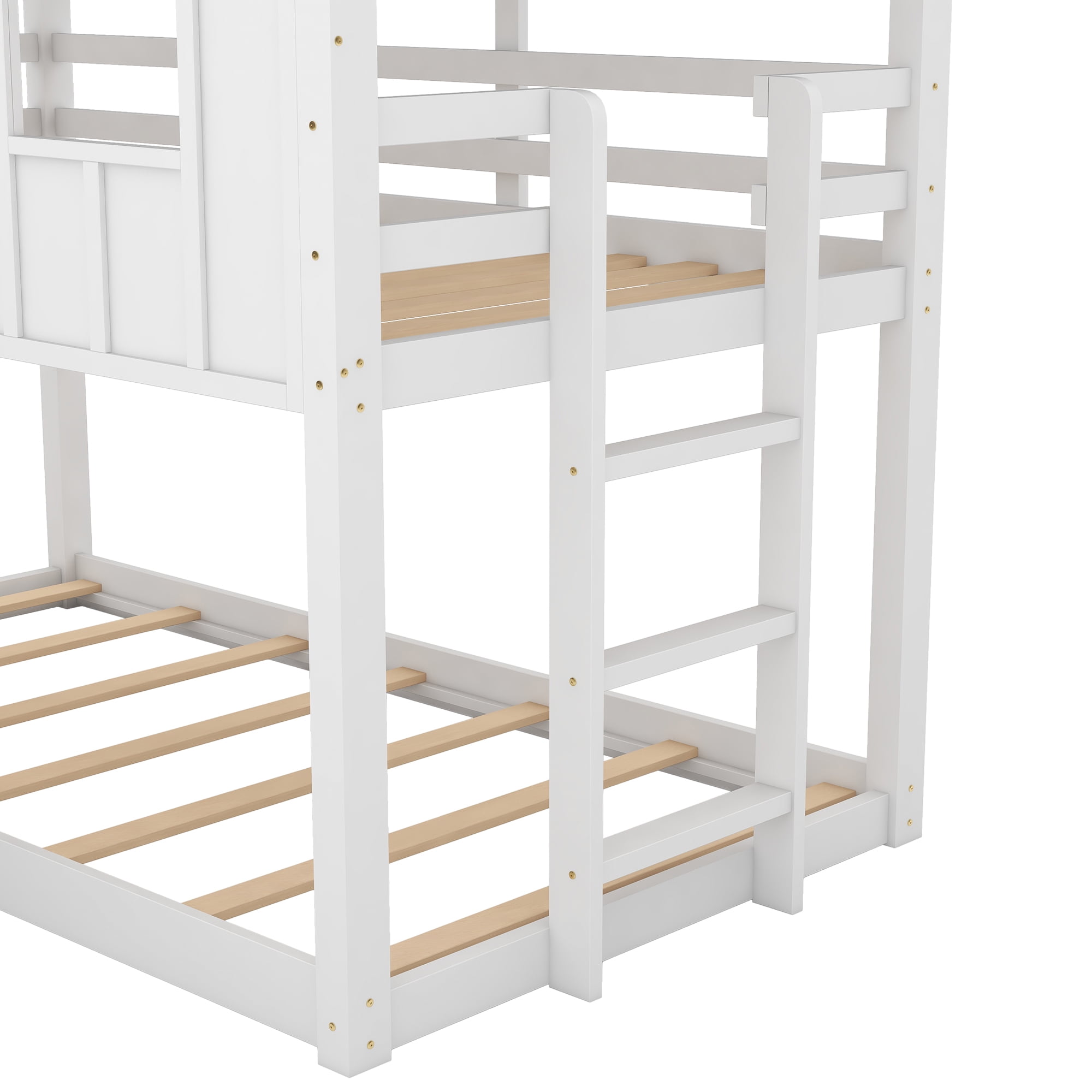 Euroco House-Shaped Twin over Twin Bunk Bed with Roof and Windows for Kids Teens Bedroom, White
