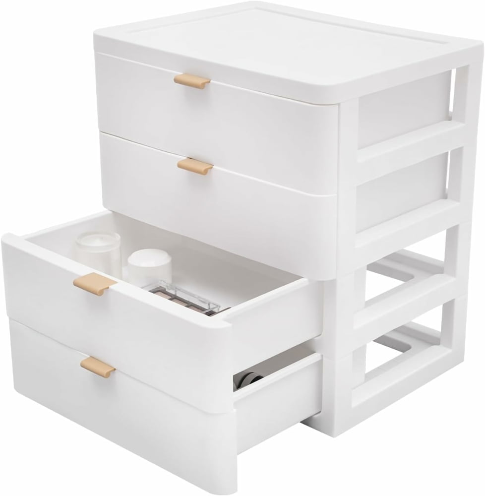 MIDOQIN Desk Organizer with 4 Drawer, Wood Desktop Storage Box, Stackable Storage Drawers for Storing Various Office Supplies