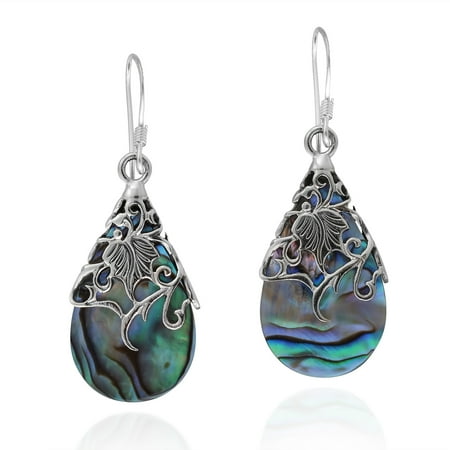 925 Sterling Silver Ear Threads - Floral Vine Ornate Teardrop Abalone Shell .925 Sterling Silver Dangle Earrings
