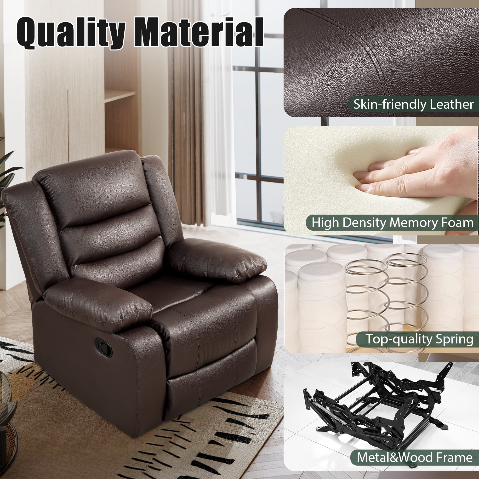 Manual Rocker Recliner Chair Leather Rocking Recliner Chairs for Small Spaces, Living Room Lounge Glider Recliners, Brown