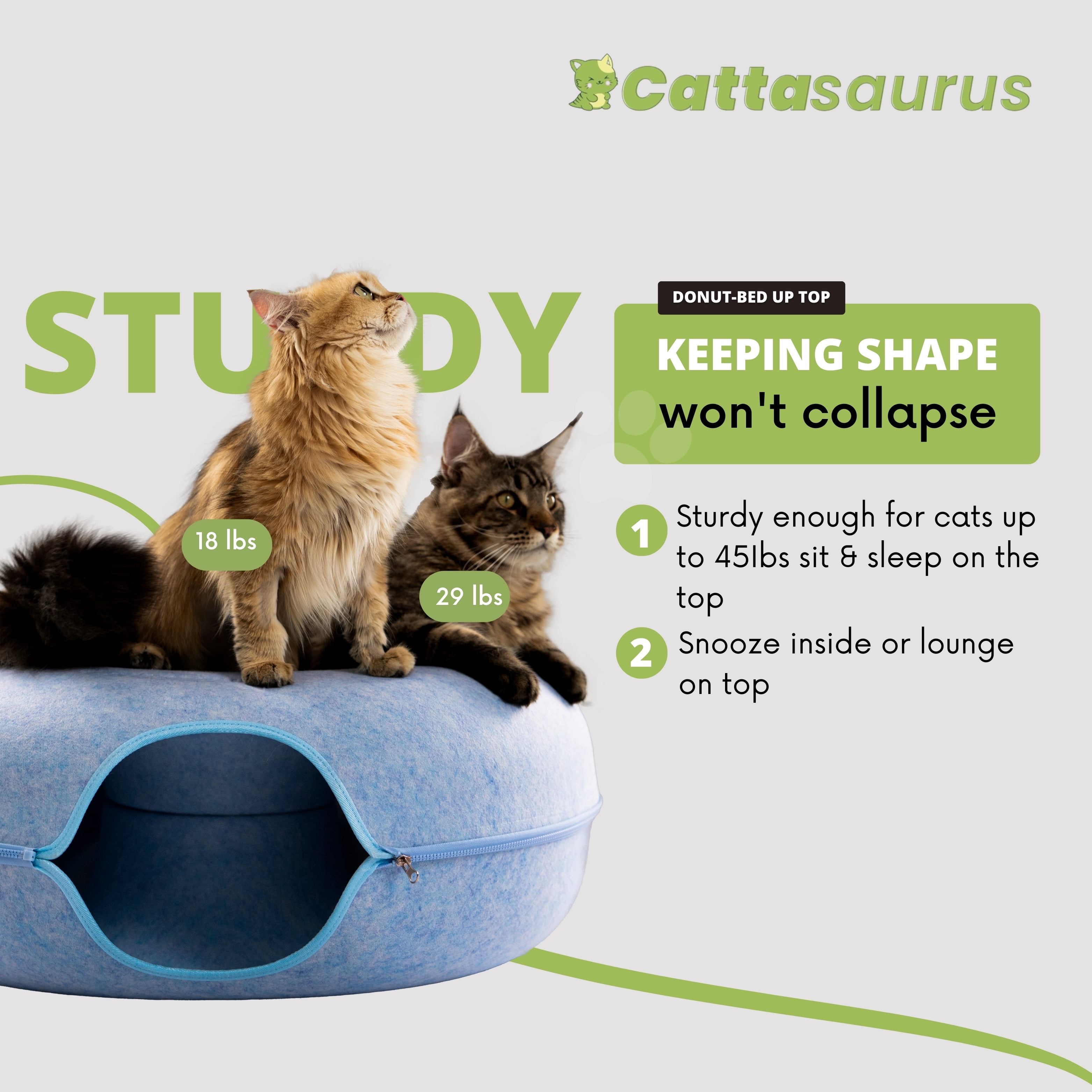 Cattasaurus Peekaboo Cat Cave Tunnel Bed for Cats up to 45 lbs (Blue, Jumbo)
