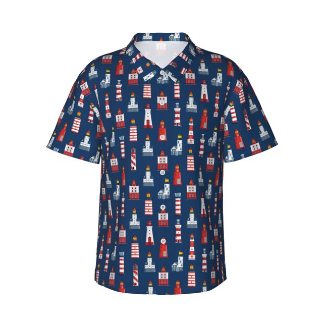 Balery Cartoon Lighthouse Camisas hawaianas de manga corta para hombre, camisas playeras de corte holgado, camisas de vacaciones con botones,X-Large